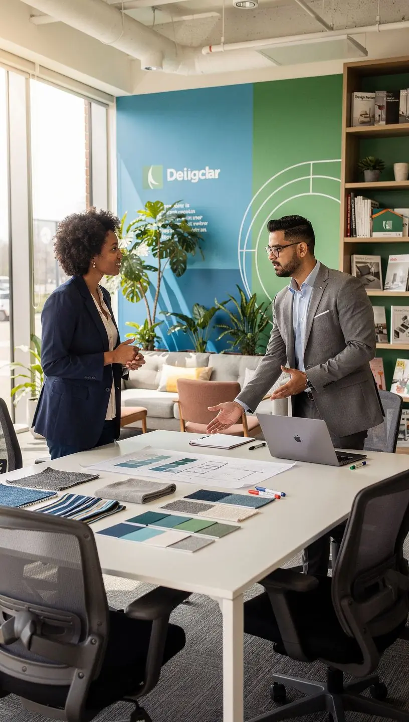 Zestawienie różnych materiałów wykończeniowych w biurze, które odzwierciedlają wartości marki.